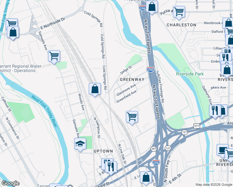 map of restaurants, bars, coffee shops, grocery stores, and more near 1707 Carver Avenue in Fort Worth