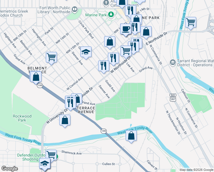 map of restaurants, bars, coffee shops, grocery stores, and more near 1236 Gould Avenue in Fort Worth