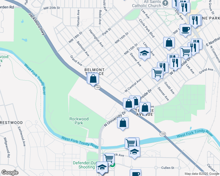 map of restaurants, bars, coffee shops, grocery stores, and more near 1211 Northwest 14th Street in Fort Worth