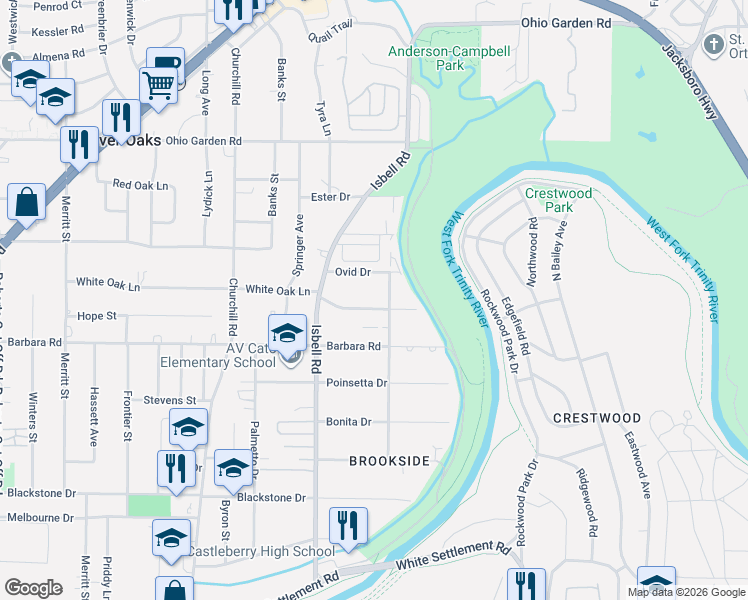 map of restaurants, bars, coffee shops, grocery stores, and more near 4301 Ovid Drive in Fort Worth