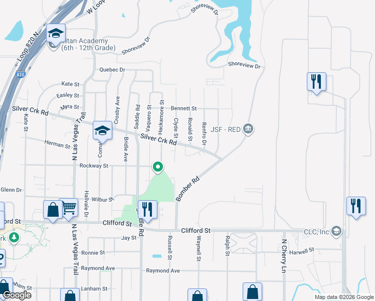 map of restaurants, bars, coffee shops, grocery stores, and more near 803 Ronald Street in Fort Worth