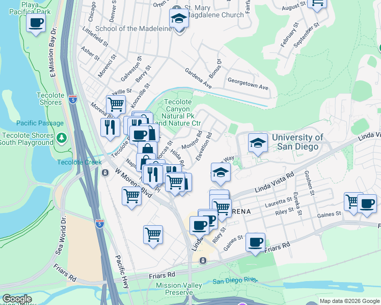 map of restaurants, bars, coffee shops, grocery stores, and more near 1386 Monitor Road in San Diego