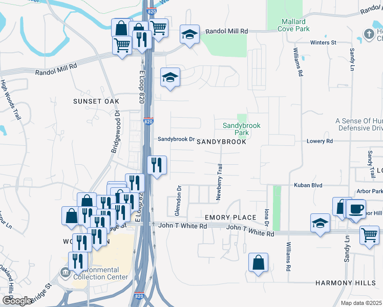 map of restaurants, bars, coffee shops, grocery stores, and more near 6932 Sandybrook Drive in Fort Worth