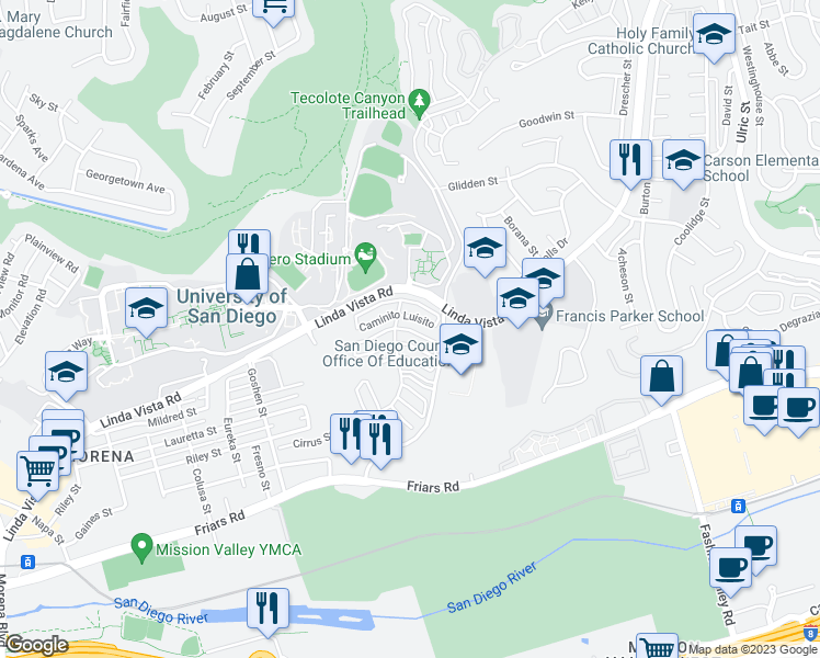 map of restaurants, bars, coffee shops, grocery stores, and more near 6328 Caminito Marcial in San Diego
