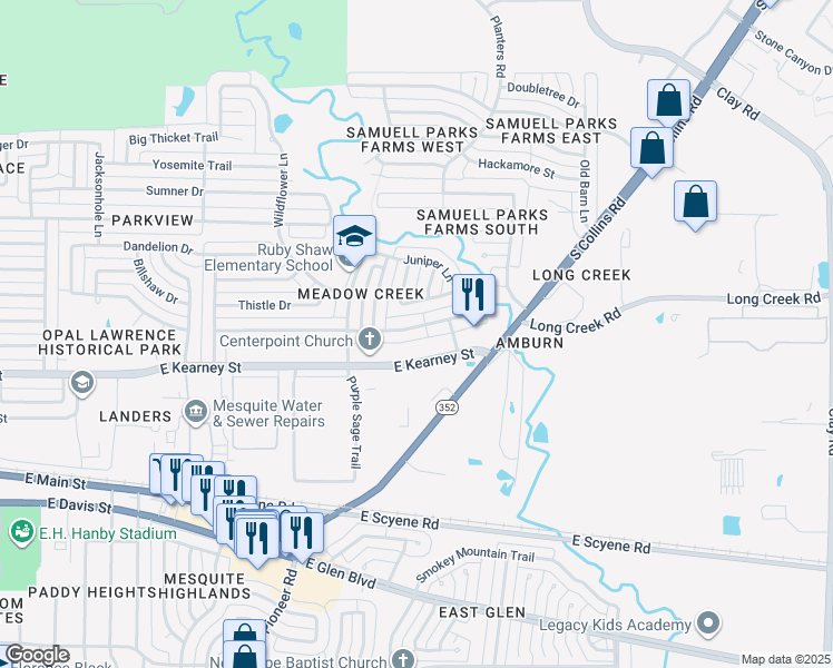 map of restaurants, bars, coffee shops, grocery stores, and more near 1424 Paintbrush Street in Mesquite