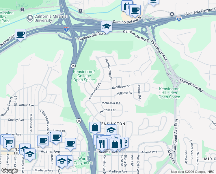 map of restaurants, bars, coffee shops, grocery stores, and more near 5200 Marlborough Drive in San Diego