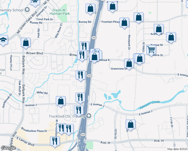 map of restaurants, bars, coffee shops, grocery stores, and more near 1450 North Highway 360 in Grand Prairie