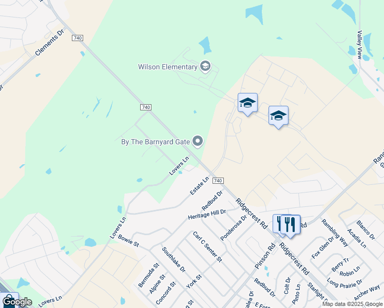 map of restaurants, bars, coffee shops, grocery stores, and more near 548 Farm to Market Road 740 in Forney