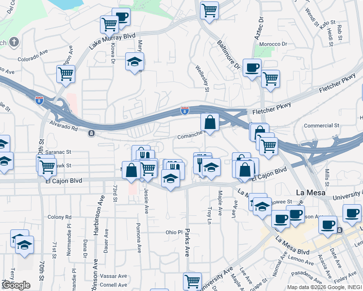 map of restaurants, bars, coffee shops, grocery stores, and more near 7580 Saranac Avenue in La Mesa