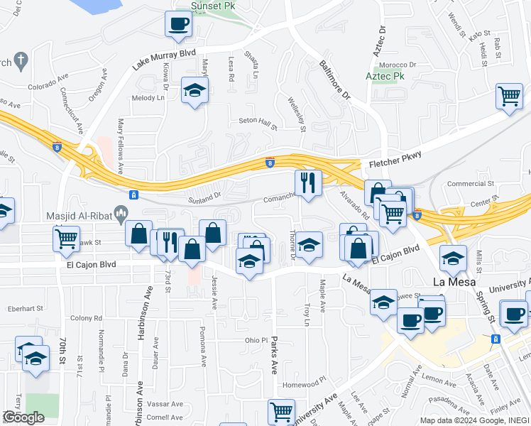 map of restaurants, bars, coffee shops, grocery stores, and more near 7580 Saranac Avenue in La Mesa