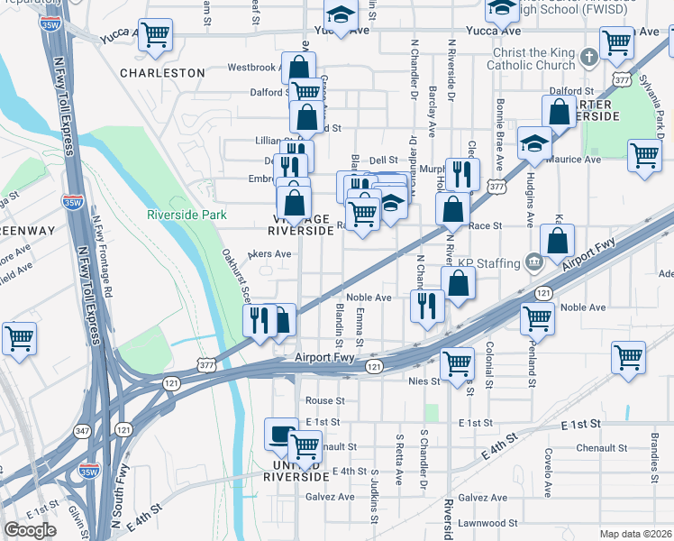 map of restaurants, bars, coffee shops, grocery stores, and more near 606 Blandin Street in Fort Worth