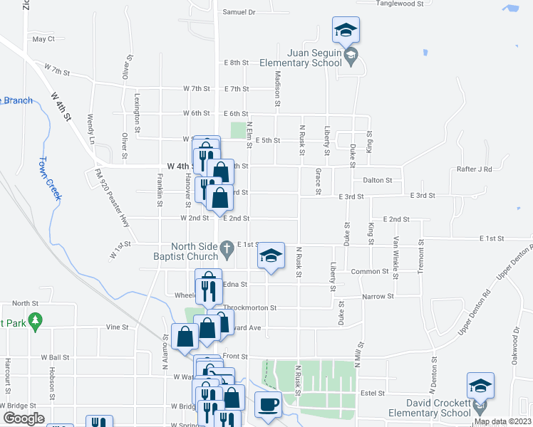 map of restaurants, bars, coffee shops, grocery stores, and more near 211 East 2nd Street in Weatherford