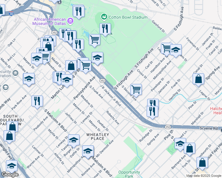 map of restaurants, bars, coffee shops, grocery stores, and more near 5678 Dallas Street in Dallas