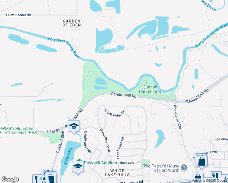 map of restaurants, bars, coffee shops, grocery stores, and more near Fort Worth Branch (Trinity Trails System) in Fort Worth