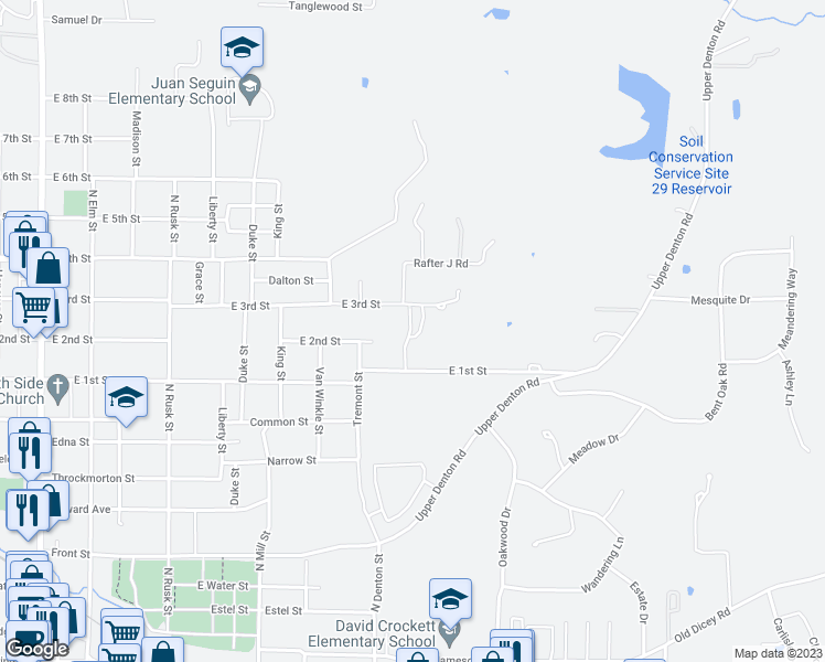 map of restaurants, bars, coffee shops, grocery stores, and more near 956 East 3rd Street in Weatherford