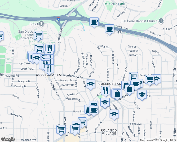 map of restaurants, bars, coffee shops, grocery stores, and more near 5144 Tipton Street in San Diego