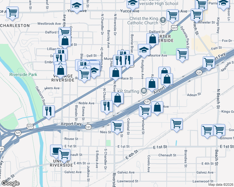 map of restaurants, bars, coffee shops, grocery stores, and more near 601 North Riverside Drive in Fort Worth