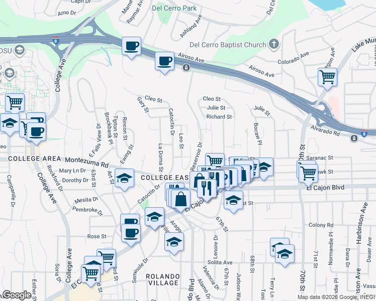 map of restaurants, bars, coffee shops, grocery stores, and more near 5126 Alumni Place in San Diego
