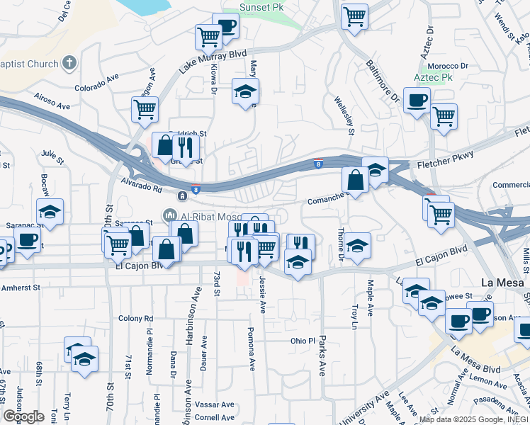 map of restaurants, bars, coffee shops, grocery stores, and more near 24 Colony Drive in La Mesa