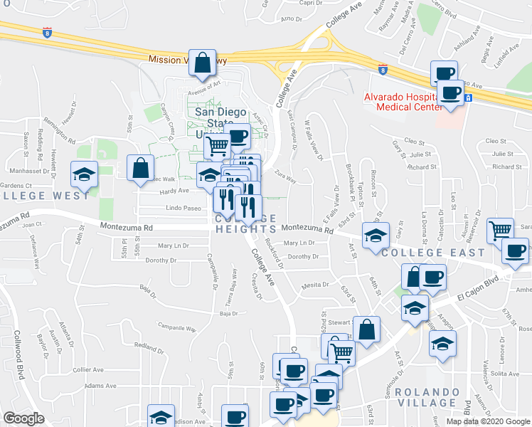 map of restaurants, bars, coffee shops, grocery stores, and more near 6050 Lindo Paseo in San Diego