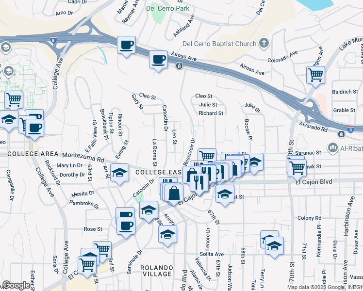map of restaurants, bars, coffee shops, grocery stores, and more near 5149 Leo Street in San Diego