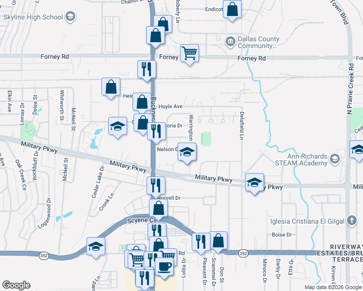 map of restaurants, bars, coffee shops, grocery stores, and more near 8174 Elaine Drive in Dallas