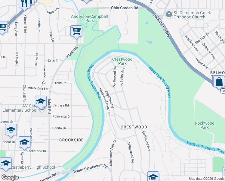 map of restaurants, bars, coffee shops, grocery stores, and more near 817 Northwood Road in Fort Worth
