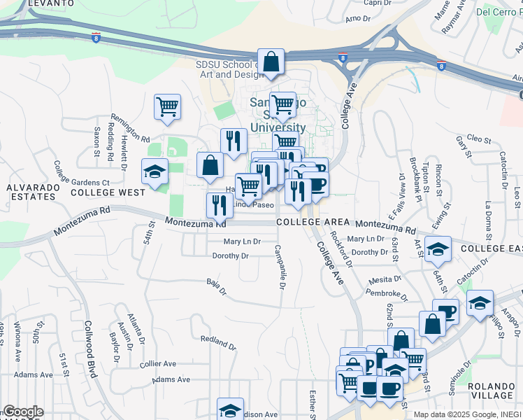 map of restaurants, bars, coffee shops, grocery stores, and more near 5717 Lindo Paseo in San Diego