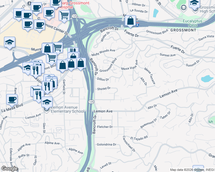 map of restaurants, bars, coffee shops, grocery stores, and more near 9135 Dillon Drive in La Mesa