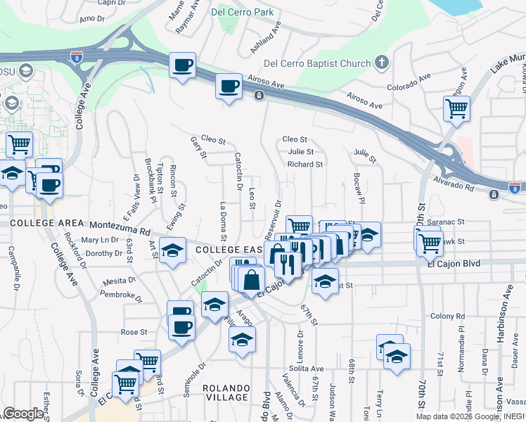 map of restaurants, bars, coffee shops, grocery stores, and more near 5149 Leo Street in San Diego