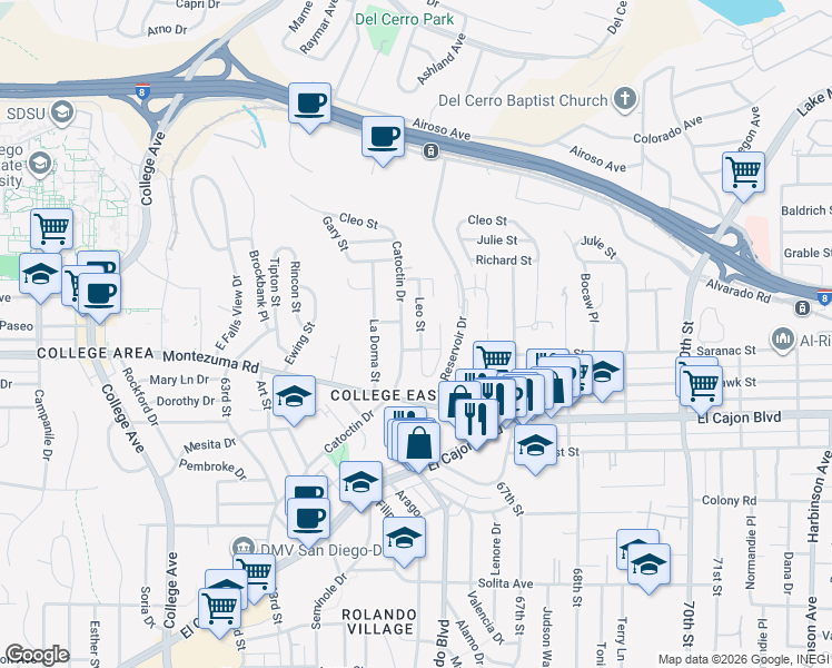 map of restaurants, bars, coffee shops, grocery stores, and more near 5149 Leo Street in San Diego