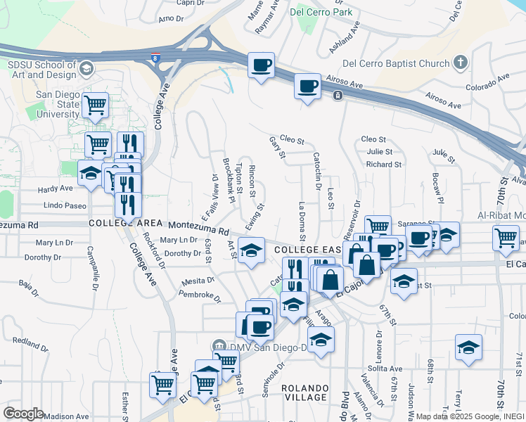 map of restaurants, bars, coffee shops, grocery stores, and more near 5150 Ewing Street in San Diego