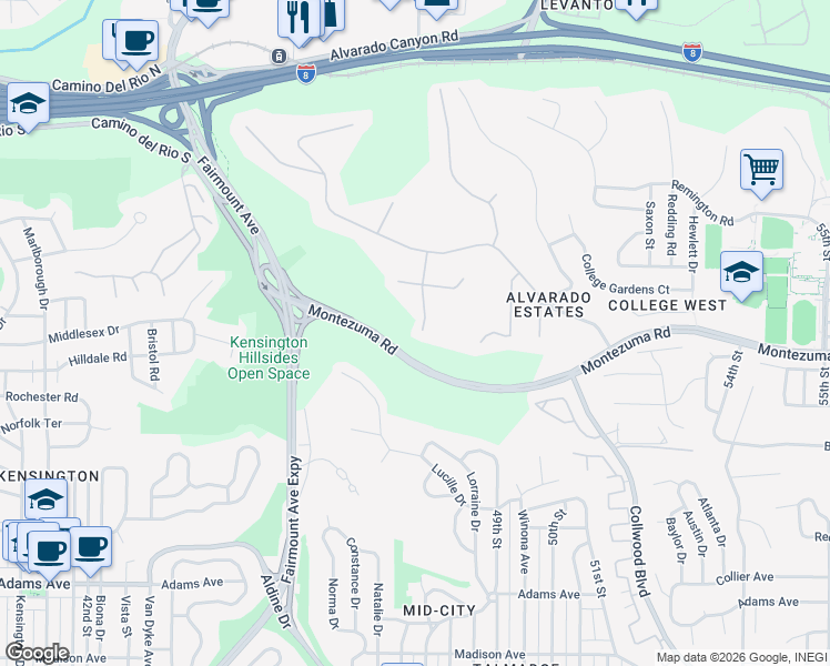 map of restaurants, bars, coffee shops, grocery stores, and more near 5261 Le Barron Road in San Diego