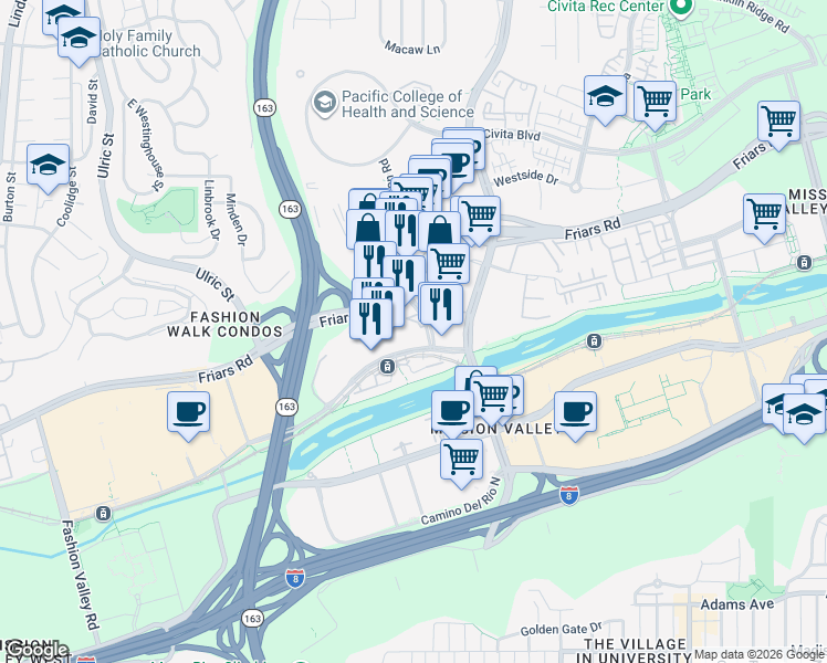 map of restaurants, bars, coffee shops, grocery stores, and more near 1370 Frazee Road in San Diego