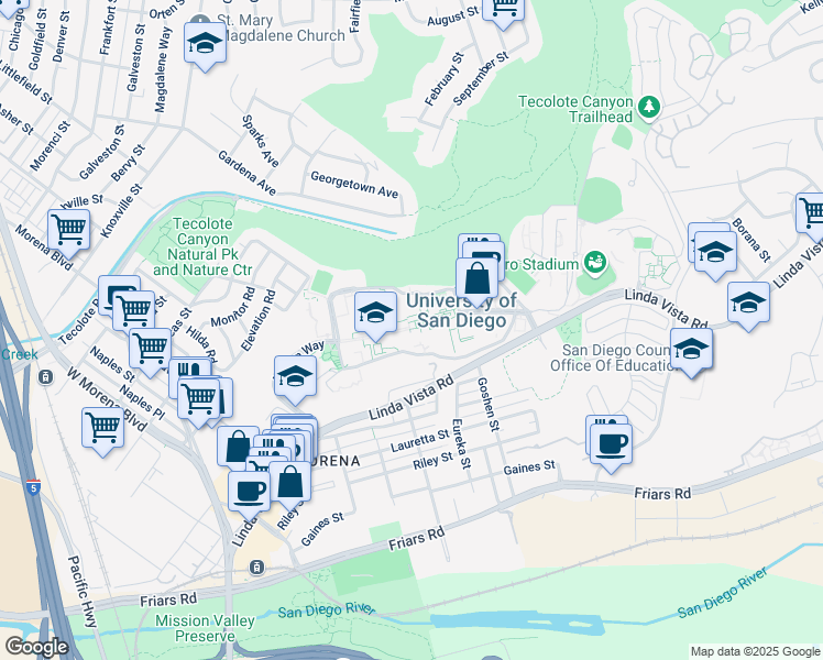 map of restaurants, bars, coffee shops, grocery stores, and more near 5998 Alcala Park Way in San Diego