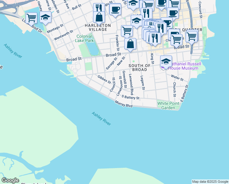 map of restaurants, bars, coffee shops, grocery stores, and more near 32 Council Street in Charleston