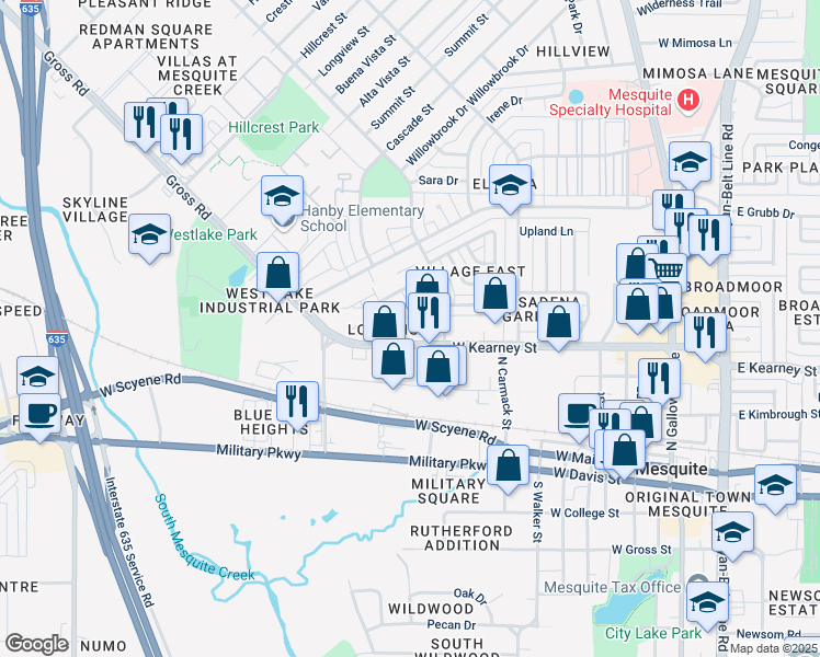 map of restaurants, bars, coffee shops, grocery stores, and more near 717 Lee Street in Mesquite