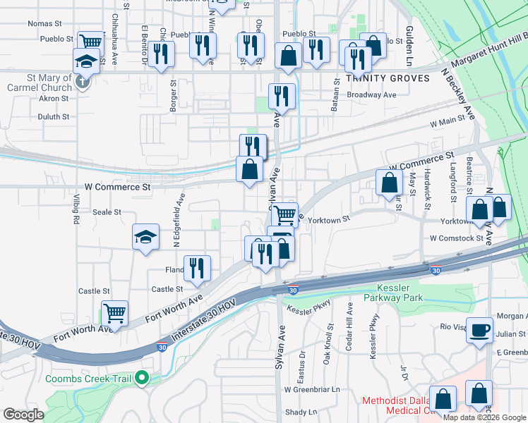 map of restaurants, bars, coffee shops, grocery stores, and more near 914 Pollard Street in Dallas