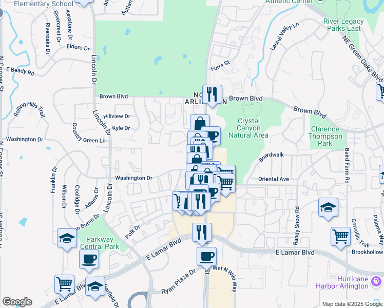 map of restaurants, bars, coffee shops, grocery stores, and more near 2304 North Collins Street in Arlington