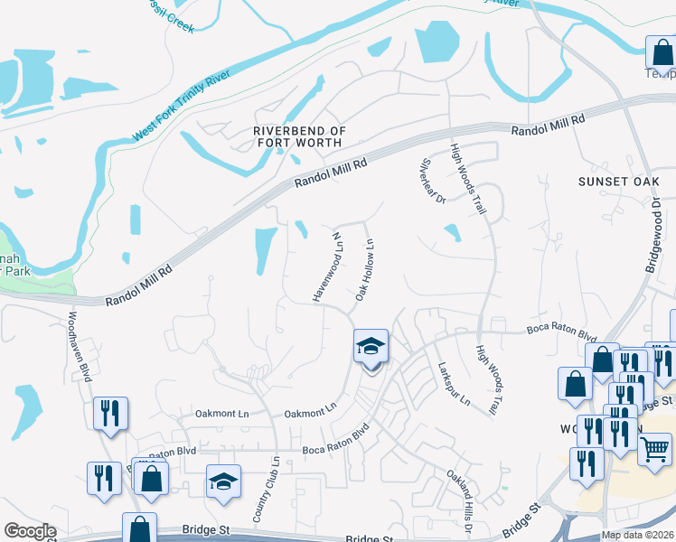 map of restaurants, bars, coffee shops, grocery stores, and more near 501 Havenwood Lane North in Fort Worth