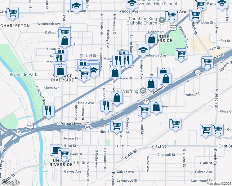 map of restaurants, bars, coffee shops, grocery stores, and more near 601 North Riverside Drive in Fort Worth