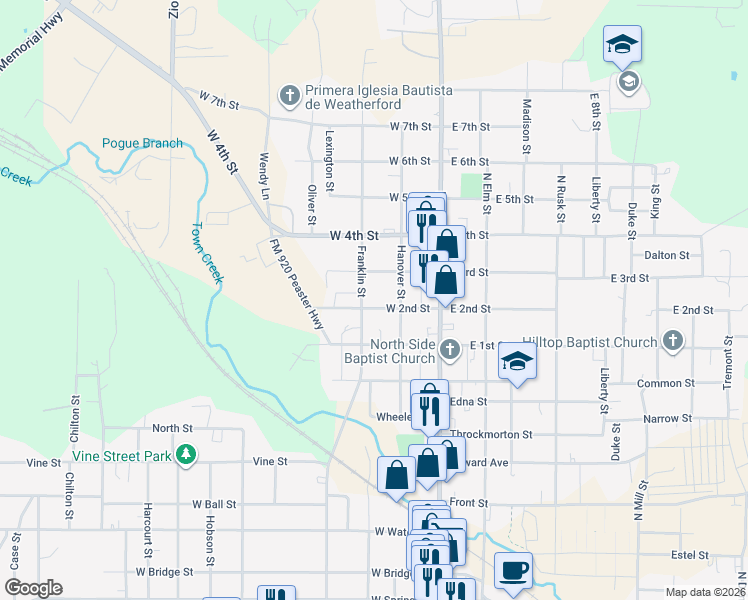 map of restaurants, bars, coffee shops, grocery stores, and more near 1110 Franklin Street in Weatherford