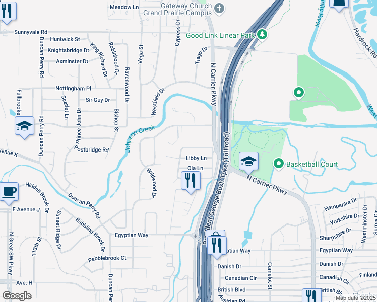 map of restaurants, bars, coffee shops, grocery stores, and more near 2005 North Arbor Rose Drive in Grand Prairie