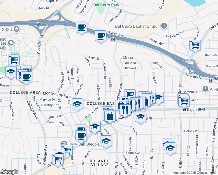 map of restaurants, bars, coffee shops, grocery stores, and more near 5149 Leo Street in San Diego