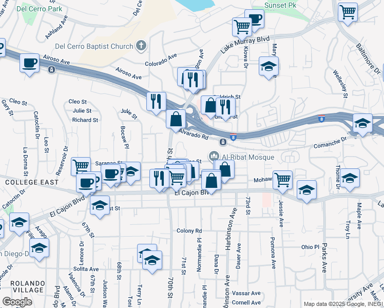 map of restaurants, bars, coffee shops, grocery stores, and more near 7080 Saranac Street in La Mesa