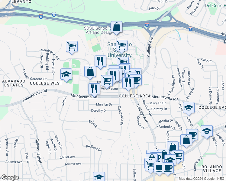 map of restaurants, bars, coffee shops, grocery stores, and more near 5717 Lindo Paseo in San Diego