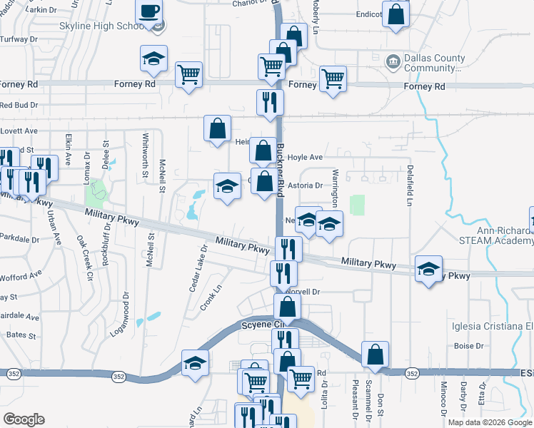 map of restaurants, bars, coffee shops, grocery stores, and more near 3909 South Buckner Boulevard in Dallas