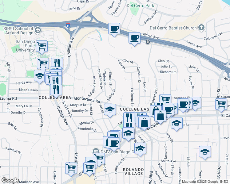 map of restaurants, bars, coffee shops, grocery stores, and more near 5150 Ewing Street in San Diego