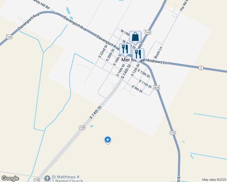 map of restaurants, bars, coffee shops, grocery stores, and more near South 14th Street in Mer Rouge