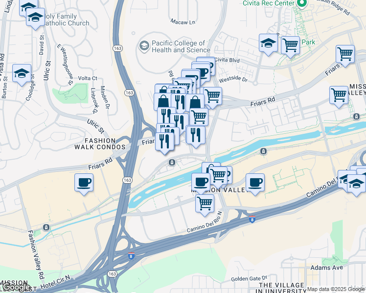map of restaurants, bars, coffee shops, grocery stores, and more near 1370 Frazee Road in San Diego